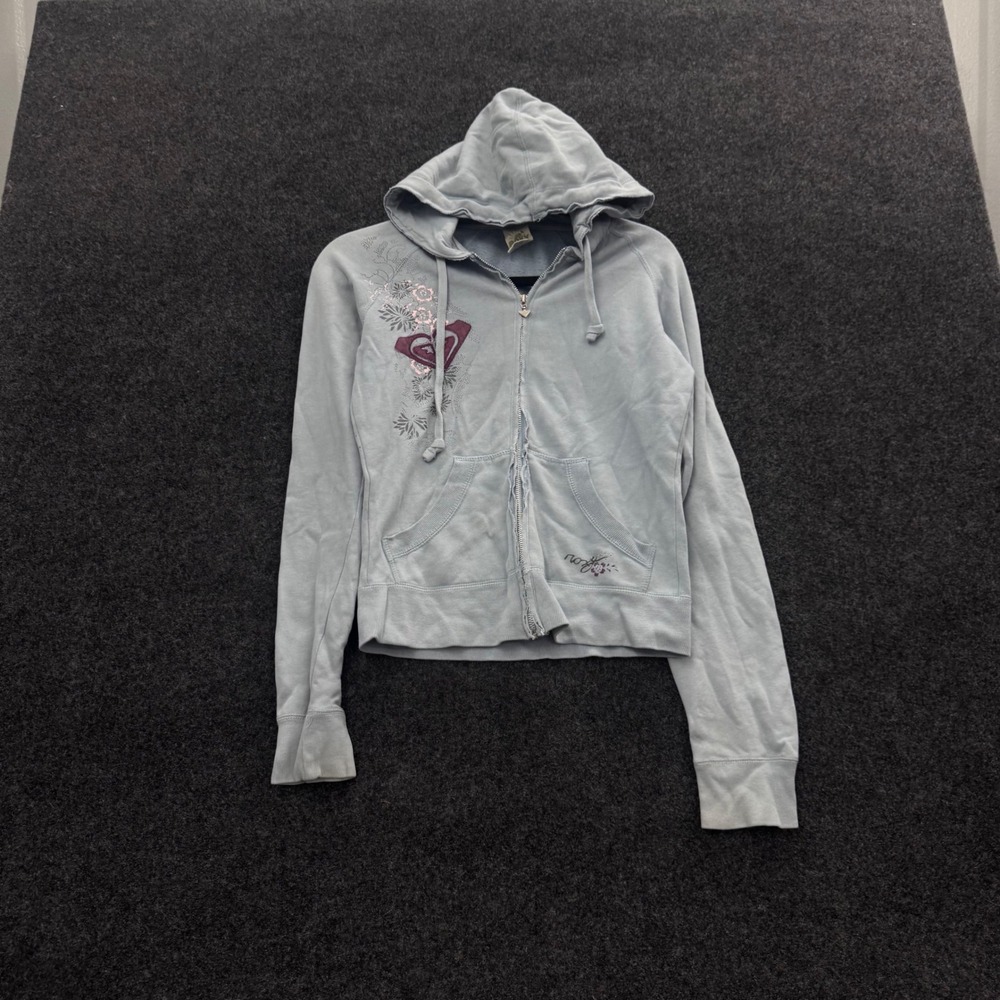 Roxy Womens Medium Blue Full Zip Hoodie Floral Graphic Y2K Heart Zipper Pull